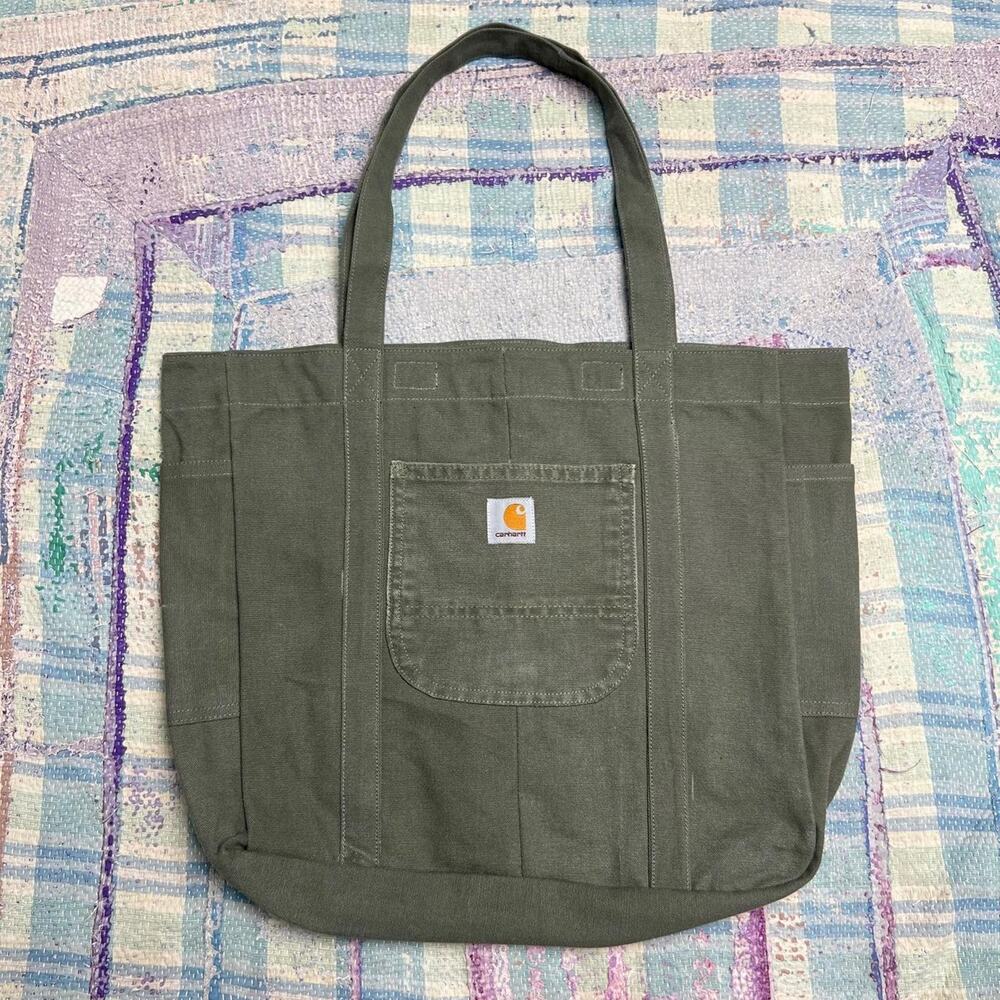 Green upcycled carhartt tote bag